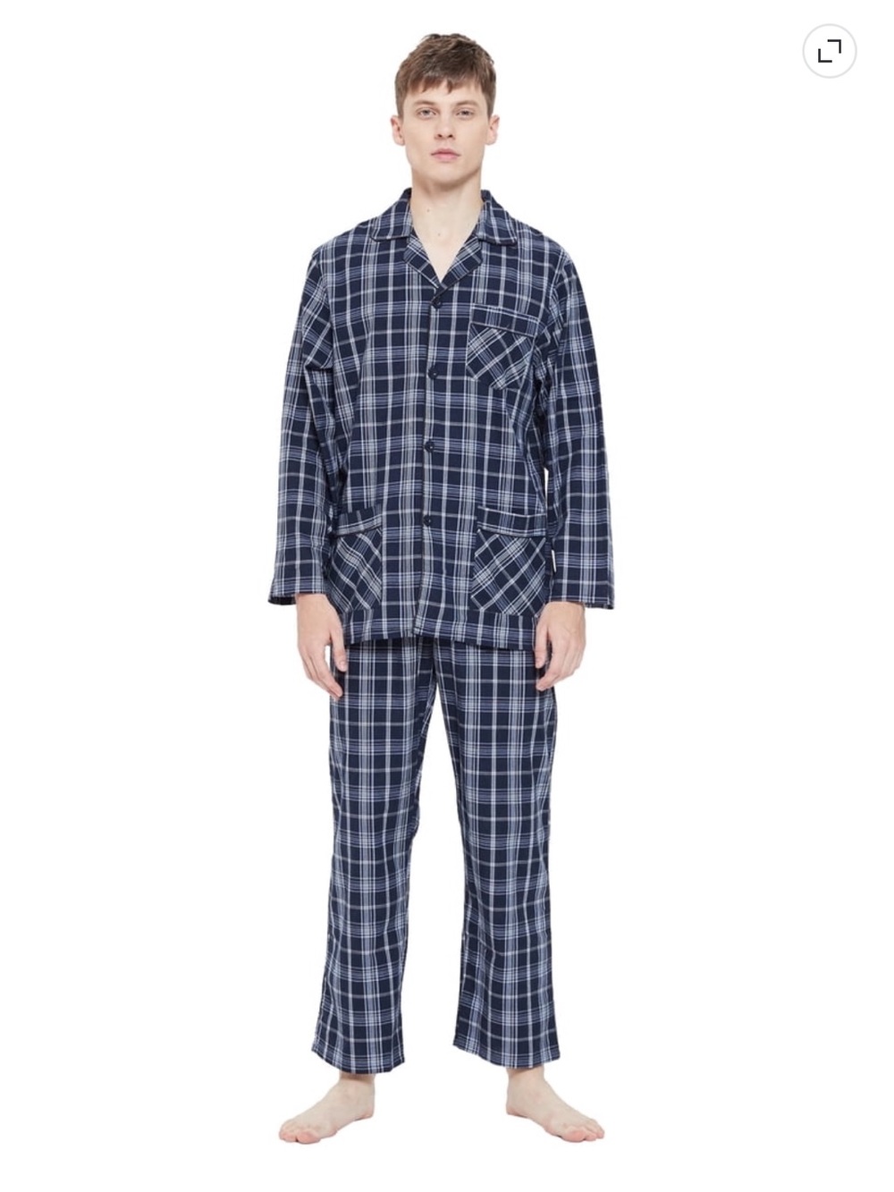 100% Cotton Men's Navy Plaid Button-Up Pajama Set